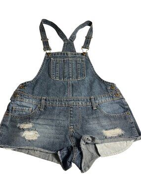 Mudd Womens M Denim Distressed Shortalls Medium Wash Blue Casual micro mini Y2K